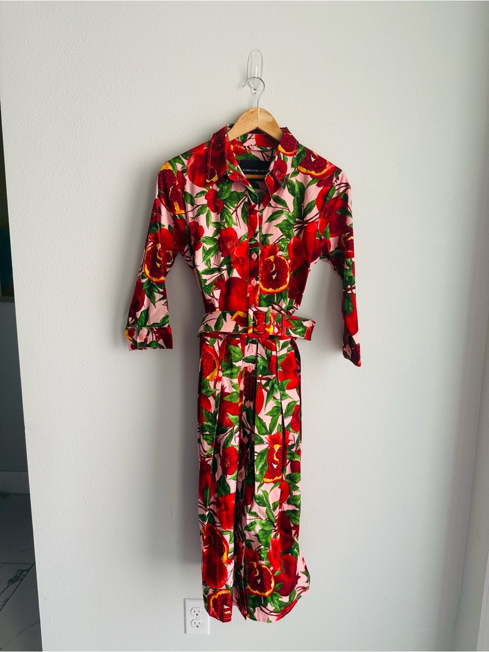 SAMANTHA SUNG NWOT Pink Midi Dress with POMEGRANATE Floral Print W/ 2 Belts